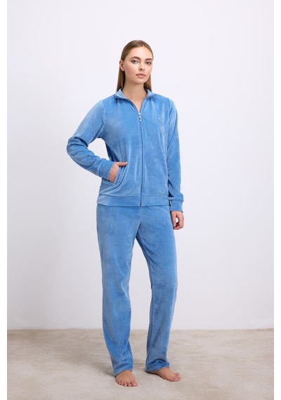 Anıl Man11625-1014 Anil Ev Giyim Anil Kadın Uzun Kollu Fermuarlı Kadife Sweatshirt Ve Pantolon Takım 11625 Mavi
