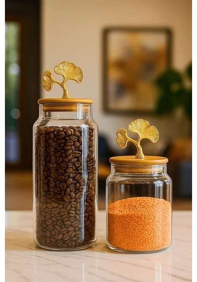 2 Li Altın Metal Ginkgo Figürlü Bambu Kapaklı Cam Kavanoz Saklama Kabı 1400ml + 890 Ml Çok Renkli