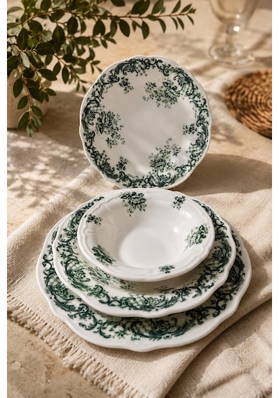 6 Kişilik 24 Parça Vintage Yeşil Desenli Porselen Yemek Takımı Seti