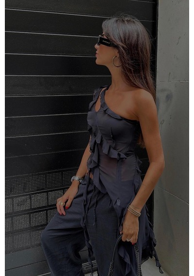 Madmext Siyah Beli Büzgülü Wide Leg Kumaş Pantolon Mg1950-siyah Siyah