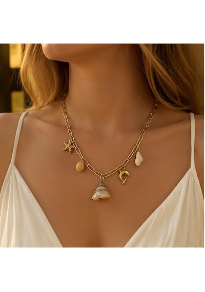Marina Charm Kadın Yazlık Deniz Temalı Gold Zincir Kolye 45-50 Cm 316l Paslanmaz Çelik Renkli