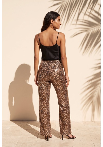 Soulshae Yüksek Bel Yandan Fermuarlı Payetli Pantolon Leopar