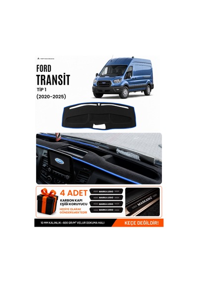 Ford Transit Tip 1 2020-2025 Uyumlu Torpido Örtüsü, Torpido Kılıfı - Siyah Mavi