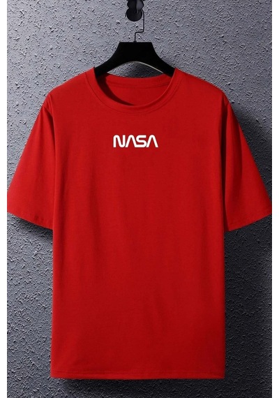 Unisex Nasa Baskılı Tasarım T-shirt Kırmızı
