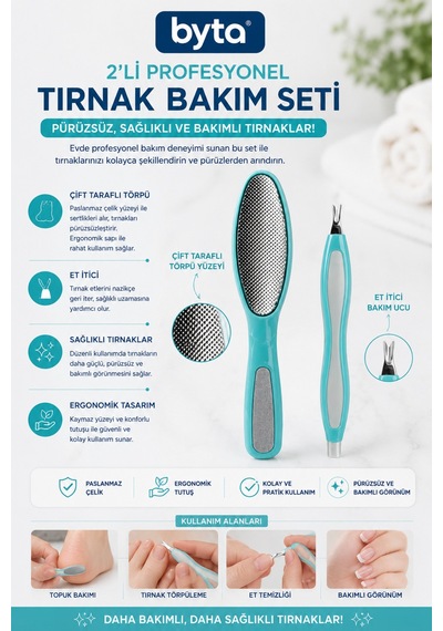 2 Li Profesyonel Tırnak Bakım Seti Çift Taraflı Törpü Ve Et İtici Manikür Pedikür Seti