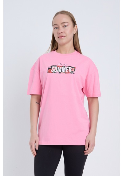 Velvoria Oversize Kadın Hello Summer Baskılı Pembe Renk T-shirt