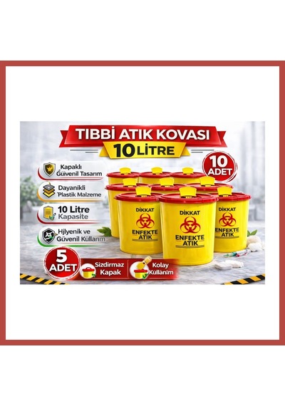 Bezos Atık Kovası 10 Litre 10 Adet Kapaklı Atık Kutusu Enfekte Atık Kovası Seti Erdotıca