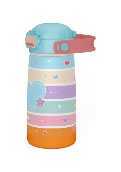 Puccon 420 Ml Kız Çocuk Pastel Renkli Kalp Desenli Paslanmaz Çelik Okul Termosu - 60022 Turkuaz - Turuncu