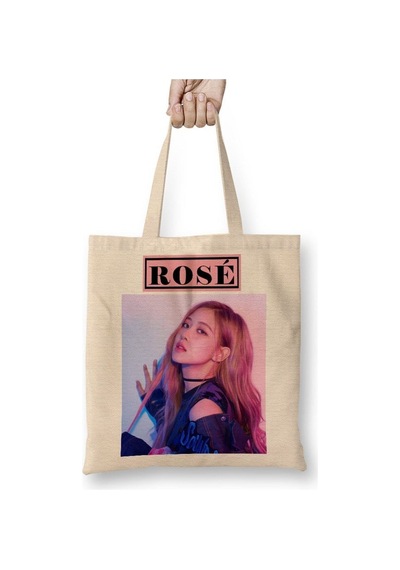Toyaso Blackpink Rose Beyaz Bez Çanta Uzun Saplı Alışveriş Çantası Plaj Çantası Beyaz