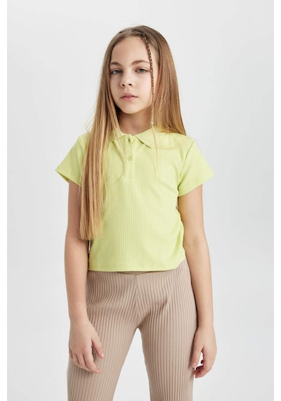 DeFacto Kız Çocuk Slim Fit Dar Kesim Polo Yaka Basic Düz Fitilli Kaşkorse Kısa Kollu Tişört Z7794A624SMGN664