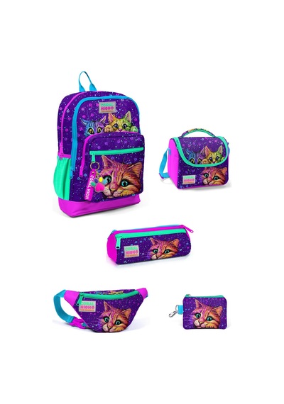 Kids Kedi Desenli Mor Pembe 3 Lü Okul Çanta Seti 5set23732