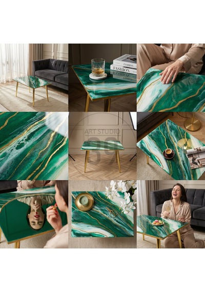 Emerald Regalıa Lüks Geode Epoksi Orta Sehpa 50x70 Cm Altın Detaylı Contemporary Tasarım, Modern Lüks Ev Dekoru Yeşil