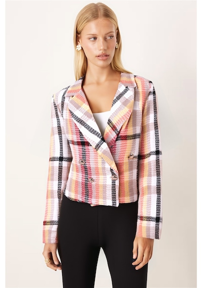 Armonika Kadın Kırmızı-bej Kruvaze Yaka Tüvit Crop Ceket Arm-24k001014