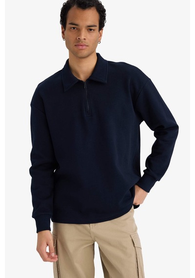 Defacto Boxy Fit Polo Yaka Yarım Fermuarlı Pike Sweatshirt G6471ax25wnnv253 Lacivert-nv253