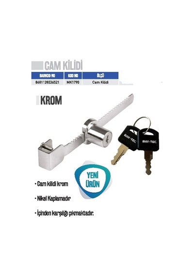 Bay-tec Cam Kilidi Sürgülü Krom 2 Anahtarlı