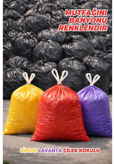 30 Adet Orta Boy Büzgülü Çöp Torbası - Ekstra Sağlam - Limon, Lavanta, Çilek Kokulu - Renkli 55x60