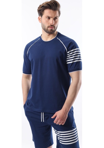 Madmext Lacivert Baskılı Reglan Kol Erkek Şort T-shirt Takımı E7306