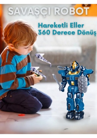 Büyük Boy Işıklı Sesli Ve Roket Atan Savaşçı Robot Oyuncak - 360 Derece Dönen Yürüyen Robot 34 Cm