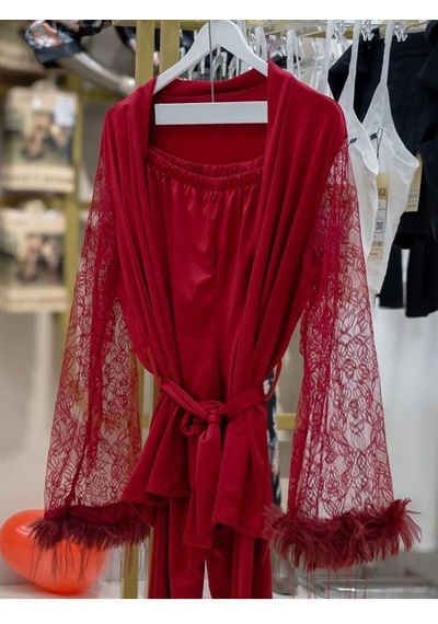 Ece's Design Lüks İpeksi Saten Dantelli Ortiş Tüylü Kadın Pijama Takımı 2 Parça W2012 Kırmızı Ece's Design Lüks İpeksi Saten Dantelli Ortiş Tüylü Kadın Pijama Takımı 2 Parça W2012 Kırmızı