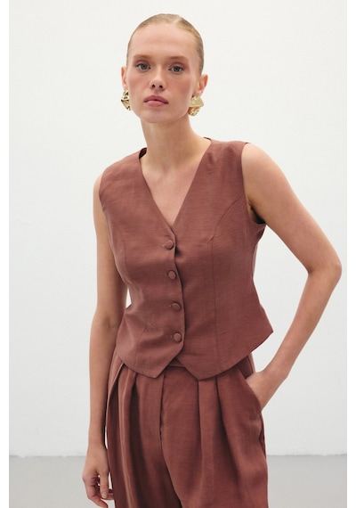 Sateen Keten Yelek - Kahve-136280 Kahve
