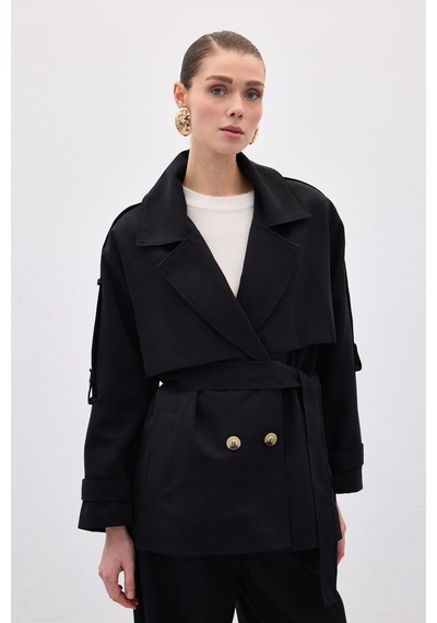 Sateen Kısa Trençkot - Siyah-136635 Siyah