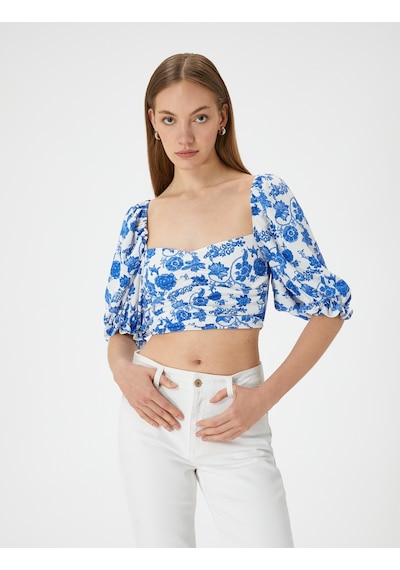 Koton Crop Çiçekli Bluz Kare Yaka Balon Kollu Mavi Desenli 4sak70073ek