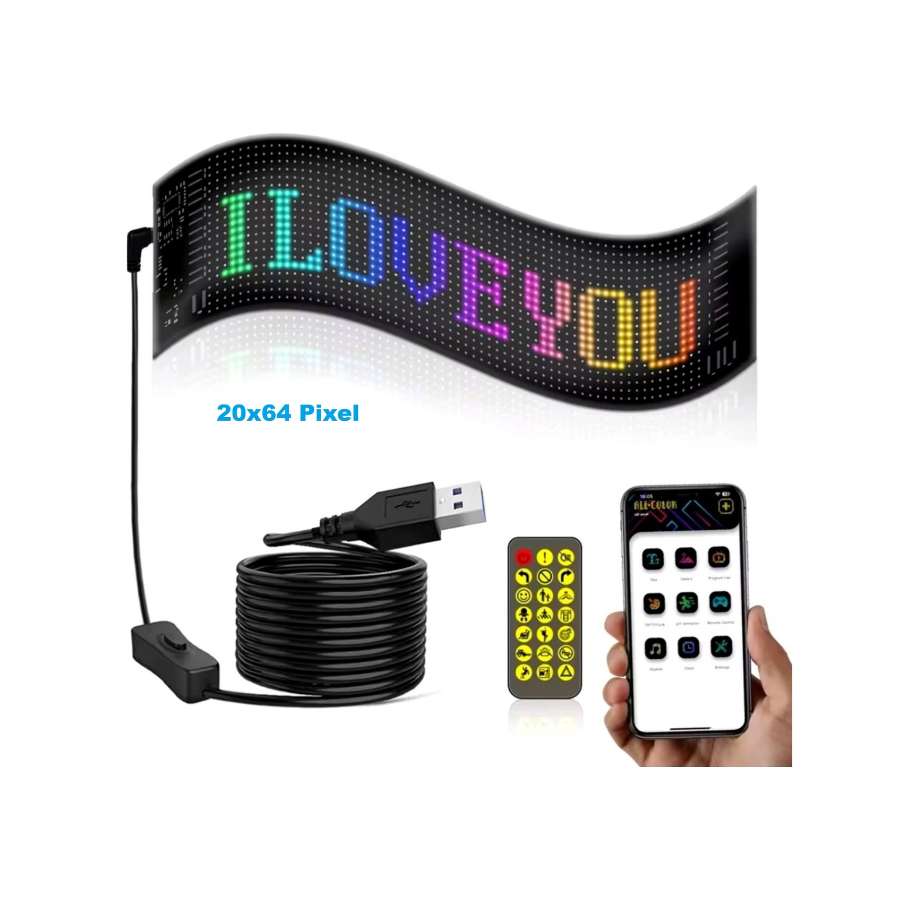 Hymark 35x10cm Programlanabilir Led Matrix Kayan Yazı 20x64 Pixel Emoji Tabela Araba Bluetooth App Kontrol