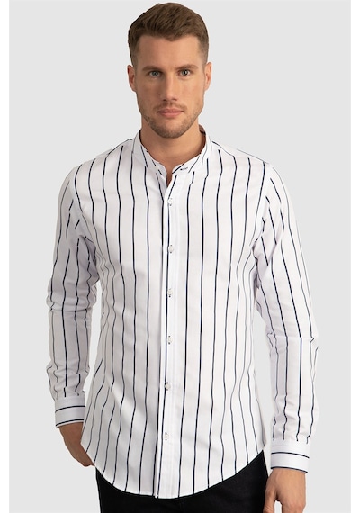 Tudors Slim Fit Dar Kesim Çizgili Hakim Yaka Poplin Oxford Gömlek-23520 Beyaz