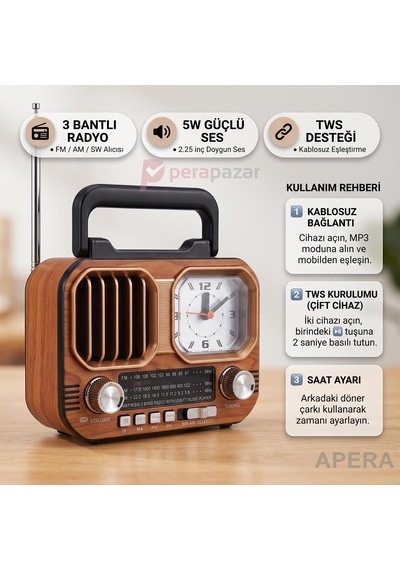 Nns Ns-7116bt Nostaljik Ahşap Görünümlü Bluetooth Radyo Saatli 1200mah Şarjlı Kamp Ve Ev Tipi Müzik Çalar Kahve