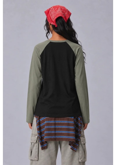 Cool Tarz Kadın Oversize Kontrast Kollu Raglan Bisiklet Yaka Düşük Omuzlu T-shirt Siyah-haki Siyah-haki Cool Tarz Kadın Oversize Kontrast Kollu Raglan Bisiklet Yaka Düşük Omuzlu T-shirt Siyah-haki Siyah-haki