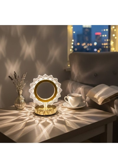 Güneş Şeklinde Kristal Led Masa Lambası Dokunmatik, 3 Renk Işık Modlu, Şarjlı Mini Dekoratif Gece Lambası 5570 Beyaz