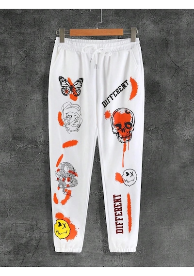 Skull Letter Graphic Drawstring Waist Eşofman Altı Beyaz