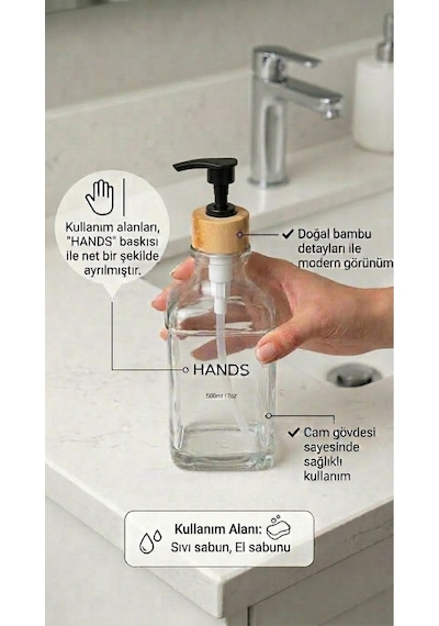 Makri Home Stantlı Bambu Kapaklı İkili Cam Sıvı Sabunluk & Deterjanlık Seti 2 500 Ml, 22,5 8,5 24 Cm Şeffaf