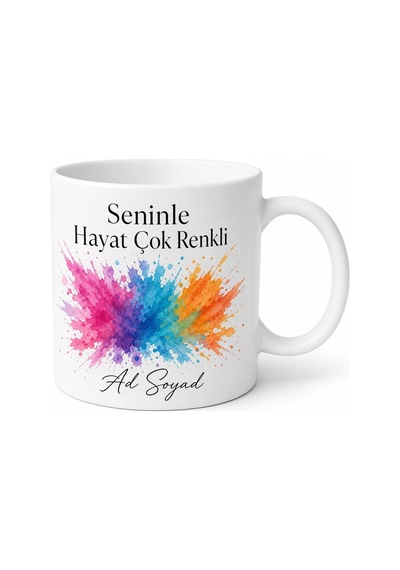 Seninle Hayat Çok Renkli Sulu Boya Sıçramalı İsimli Sanatsal Aşk Kupası Hediye Beyaz / Çok Renkli