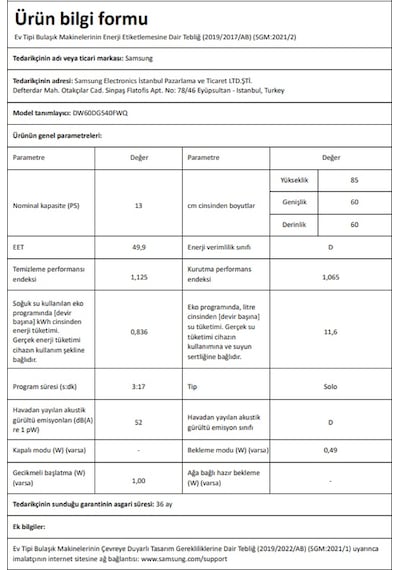 Samsung DW60DG540FWQ 4 Programlı 13 Kişilik Bulaşık Makinesi