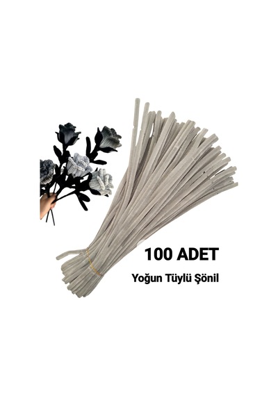 100 Adet Gri Şönil, Çiçek Yapımına Uygun Tüylü Tel, 30 Cm 6 Mm