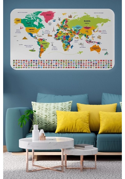 Türkçe Ülke Bayrak Lı Eğitici Başkent Detaylı Atlası Dünya Haritası Duvar Sticker -60x105-3860 Renkli