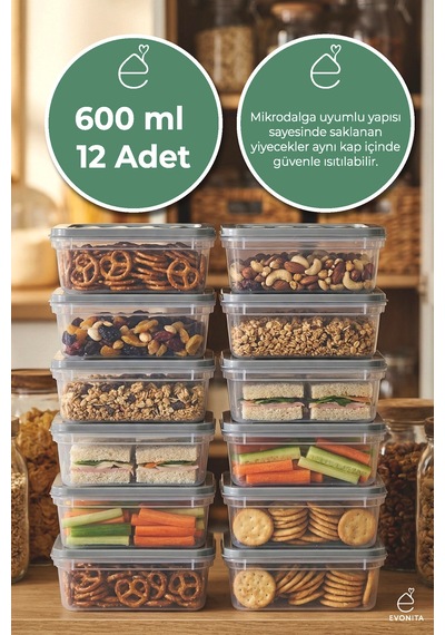 12 Adet 600 Ml Saklama Kabı Seti Kapaklı Plastik Buzdolabı Düzenleyici Mikrodalga Uyum Şeffaf