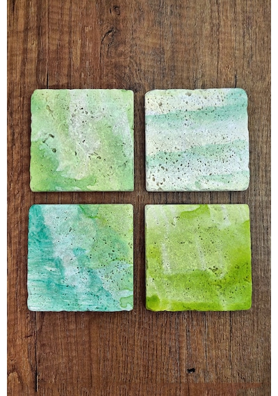 Doğal Taş Bardak Altlığı - Yeşil Turkuaz Desenler Baskılı 10x10cm Stone Coasters Çok Renkli