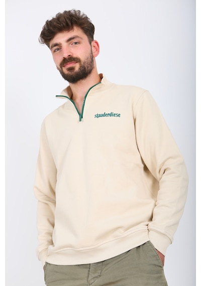 Nature The Brand Kontrast Fermuarlı Dik Yaka Sweatshirt , Şardonlu 3 İplik , Göğüs Nakış Detaylı,sweatshirt Erkek Sütlü Kahve