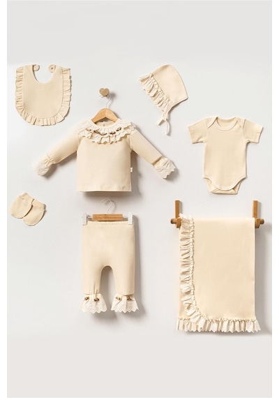 Juniba Kids Nell Kız Bebek Krem Fırfırlı Gül İşlemeli Dantel Detaylı 7'li Set Krem