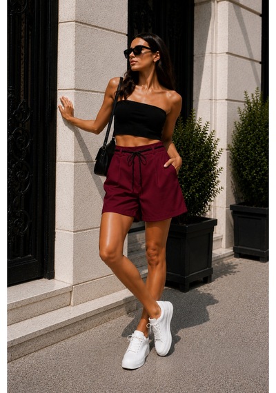 Winmoda34 Kadın Şehir Boyu Casual Şort 43 Cm Tam Boy Kemer Hediyeli Trend Model Bordo
