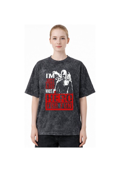 Tasarım One Punch Man Anime Baskılı Unisex Oversize Eskitme Yıkam Siyah