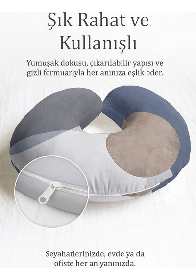 Modern Geometrik Desenli Boyun Yastığı - Minimalist Gri Mavi Bej Seyahat Yastığı Soluk Gece Amber