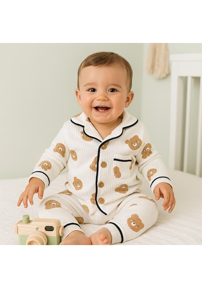 Alpbebe Bear Önden Düğmeli Mevsimlik 2 Parça Pjama Takımı Kahverengi