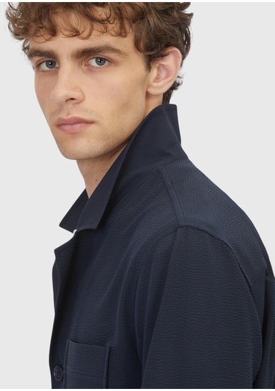 Ramsey Lacivert Çizgili Casual Fit Uzun Dokuma Overshirt