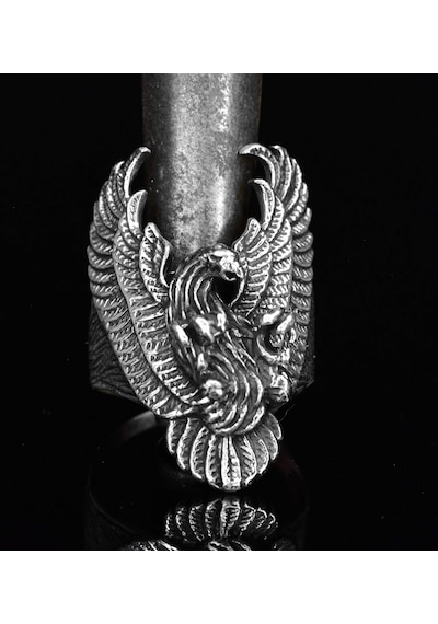 Erkekler İçin Sterling Gümüş Yüzük - Büyük Ve Ağı Heavy Phoenix Ölüm Kafası Biker Yüzüğü Gümüş