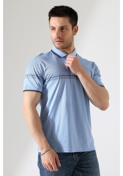 Rıbana Classıc Fermuar Detaylı Desenli Pamuklu Polo Yaka T-shirt Mavi