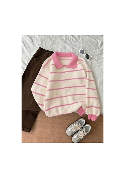 De Pose Ekru Pembe Selanik Örgü Polo Yaka Oversize Kadın Triko Kazak Pembe