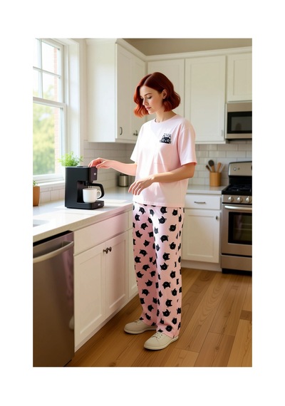 Ersefa Kadın Kedi Baskılı Pamuklu Pijama Takımı Fonksiyonel Dayanıklı Ka Pembe
